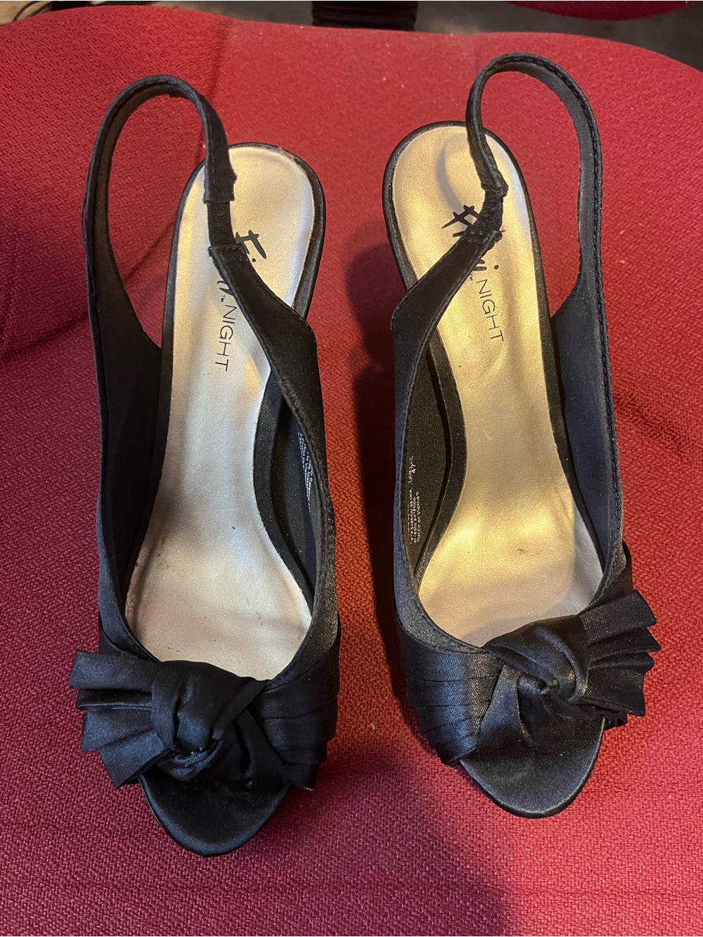Black Satin Slingback Peep-Toe Heels with Bow. 4” Heels, 6.5W